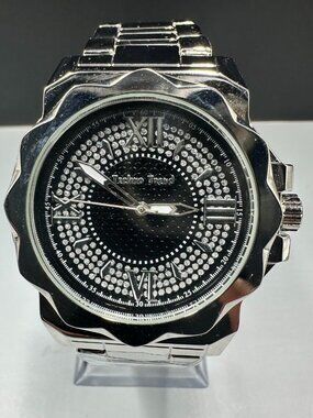 Techno Trend Watch Men Silver Tone Black Dial Round 43MM New Battery 8.25"